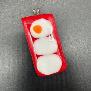 Fused Glass Pendant Red White Abstract Snowman Sushi Eggs Handmade Jewelry Art